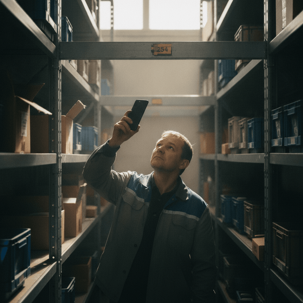 A warehouse worker in a narrow aisle holding up a phone, looking at a shelf label