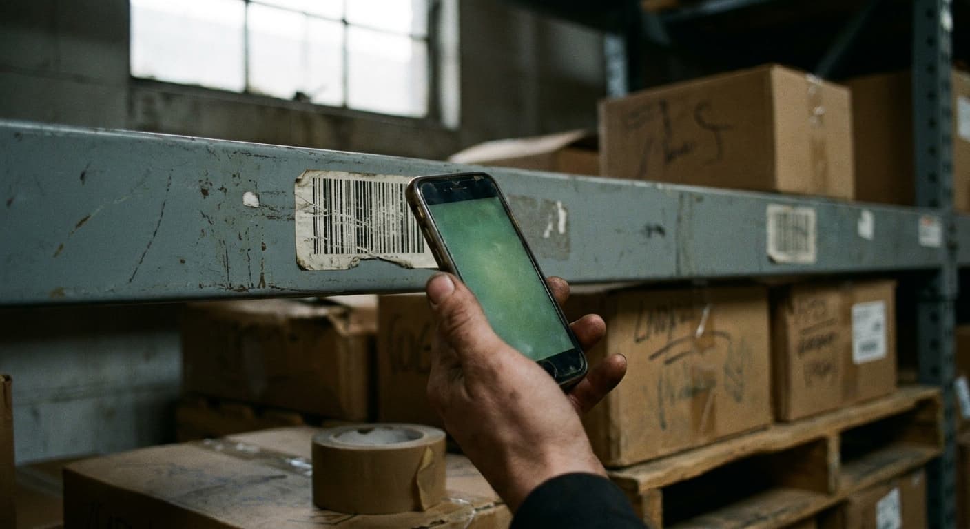 A hand scanning a worn barcode label on a steel shelving beam