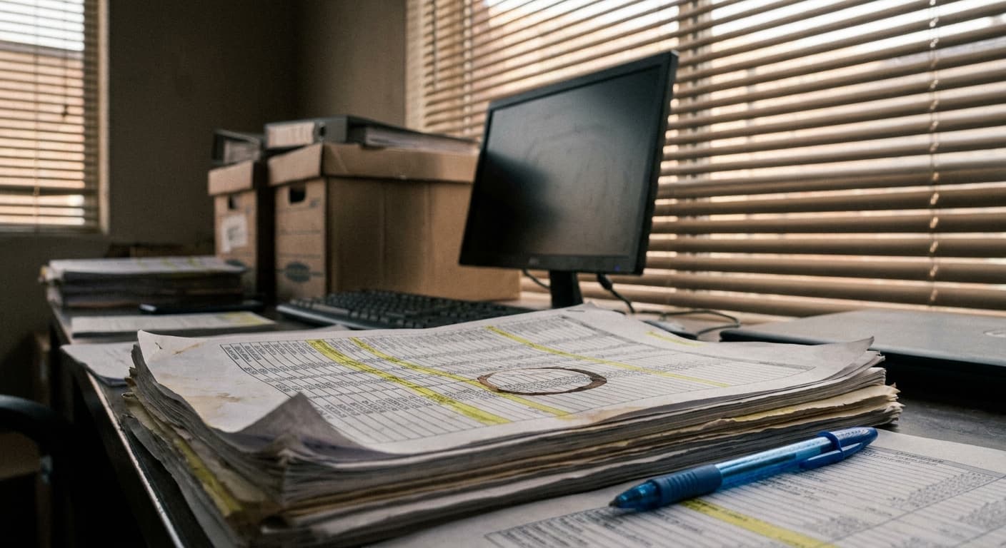 A warehouse desk with a thick printed spreadsheet marked up in highlighter