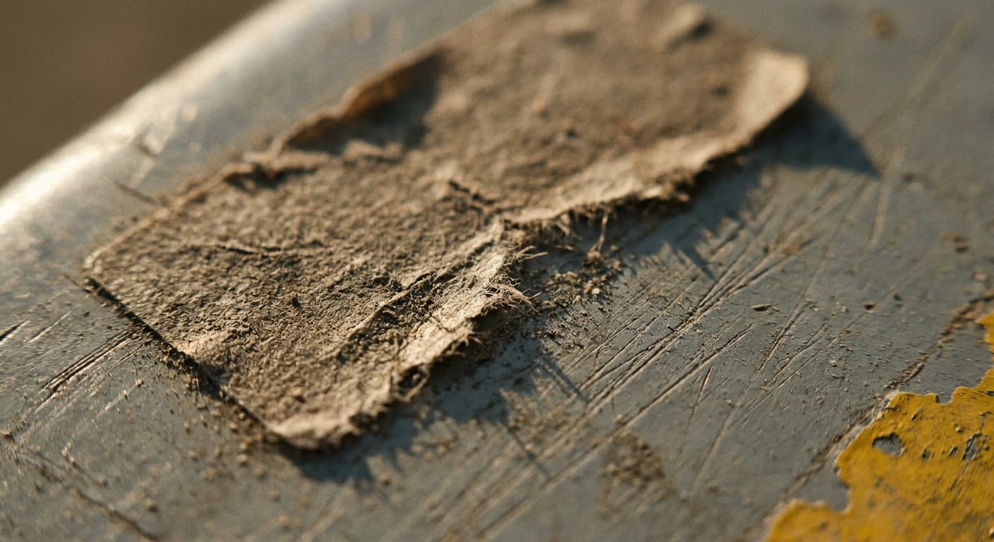 A worn label on a scratched steel rack beam
