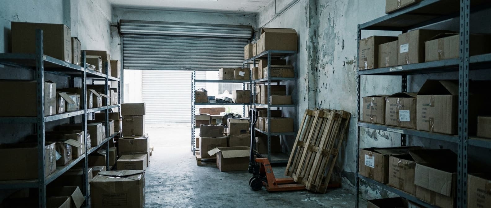 Interior of a small warehouse with mismatched steel shelving and a pallet jack