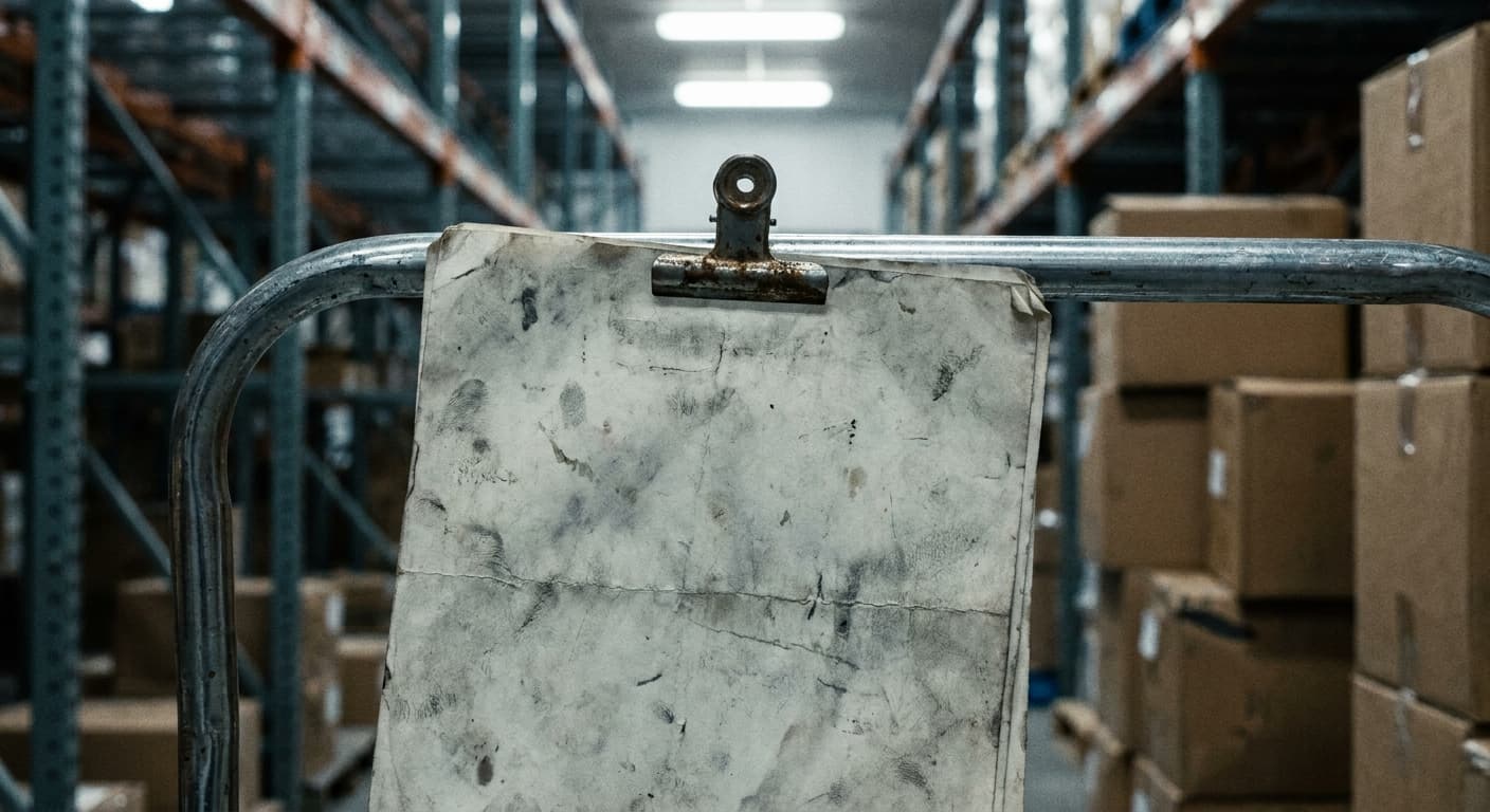 A creased paper pick list clipped to a metal picking cart